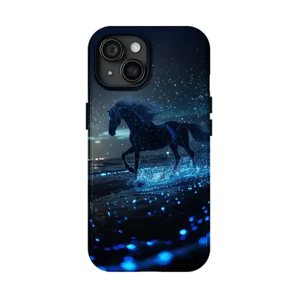 Black Horse Running on Glowing Blue Beach