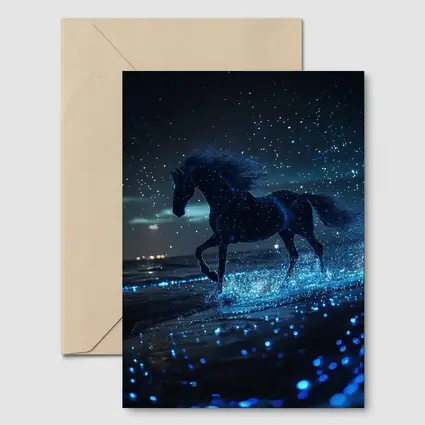 Black Horse Running on Glowing Blue Beach
