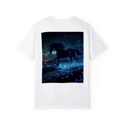 Black Horse Running on Glowing Blue Beach
