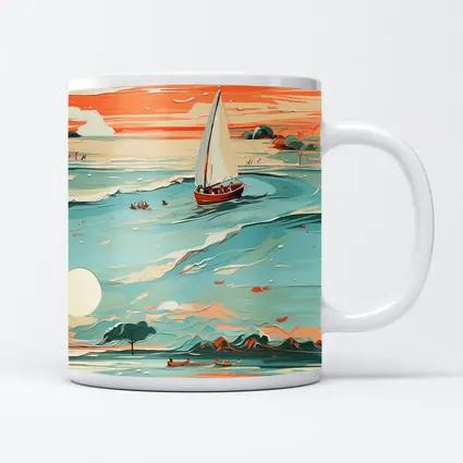 Sailboat On Teal Ocean Sunset Art