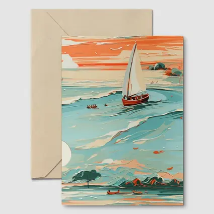 Sailboat On Teal Ocean Sunset Art