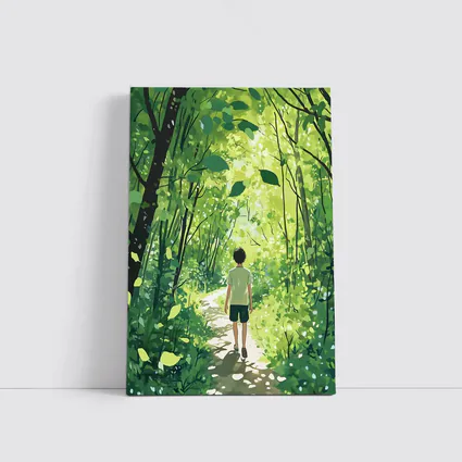 Anime Boy Walking Through Sunlit Forest Path