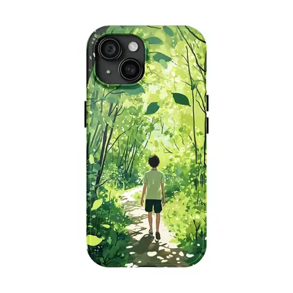 Anime Boy Walking Through Sunlit Forest Path
