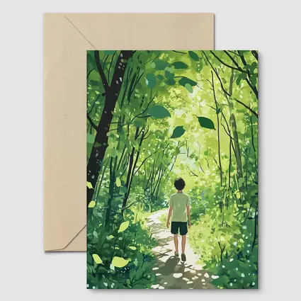 Anime Boy Walking Through Sunlit Forest Path