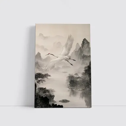Red Crowned Crane Flying Over Misty Mountains