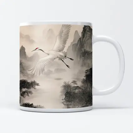 Red Crowned Crane Flying Over Misty Mountains