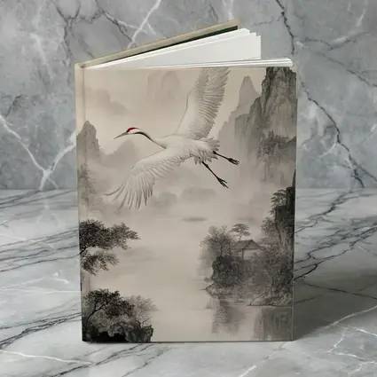 Red Crowned Crane Flying Over Misty Mountains