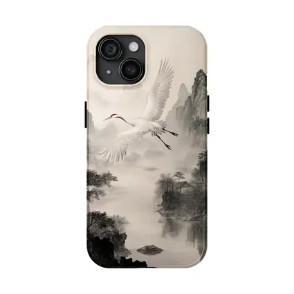 Red Crowned Crane Flying Over Misty Mountains