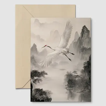 Red Crowned Crane Flying Over Misty Mountains