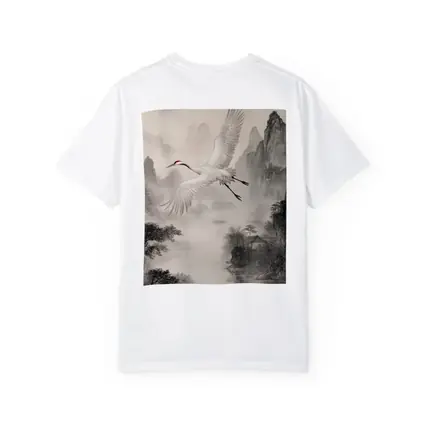 Red Crowned Crane Flying Over Misty Mountains