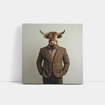 Bull Head Man Suit Gray Background