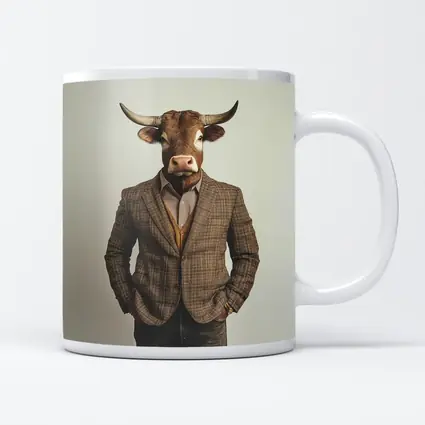 Bull Head Man Suit Gray Background