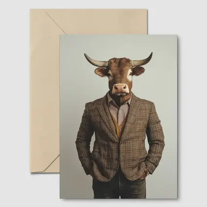 Bull Head Man Suit Gray Background