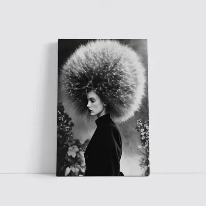 Woman Dandelion Head Black White Surreal Portrait