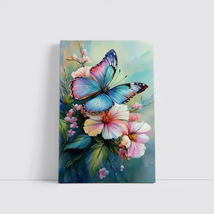 Blue Butterfly Pink Flowers Oil Painting