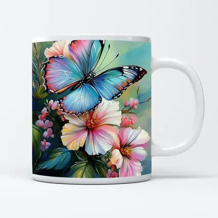 Blue Butterfly Pink Flowers Oil Painting
