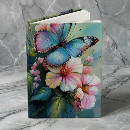 Blue Butterfly Pink Flowers Oil Painting