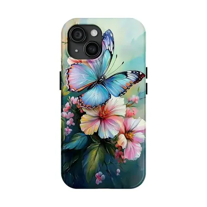 Blue Butterfly Pink Flowers Oil Painting
