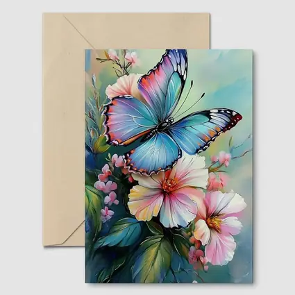 Blue Butterfly Pink Flowers Oil Painting
