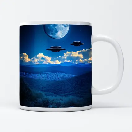 UFO Flying Saucers Over Moonlit Mountain Forest