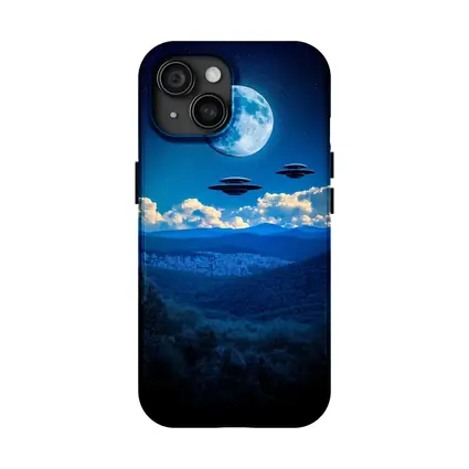 UFO Flying Saucers Over Moonlit Mountain Forest