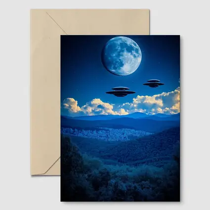 UFO Flying Saucers Over Moonlit Mountain Forest