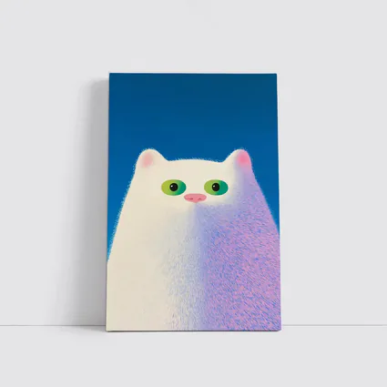 Fluffy White Cat Green Eyes Blue Background