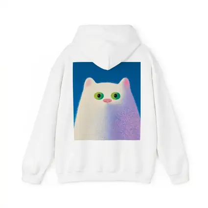 Fluffy White Cat Green Eyes Blue Background