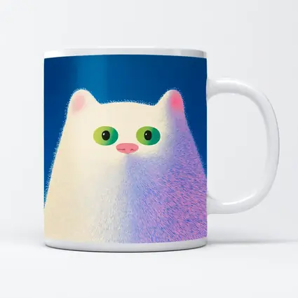Fluffy White Cat Green Eyes Blue Background