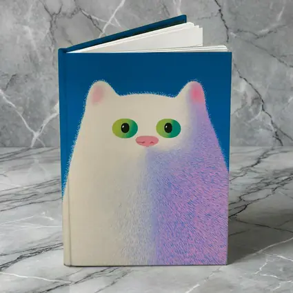 Fluffy White Cat Green Eyes Blue Background