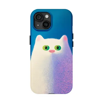 Fluffy White Cat Green Eyes Blue Background