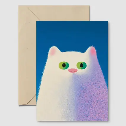 Fluffy White Cat Green Eyes Blue Background