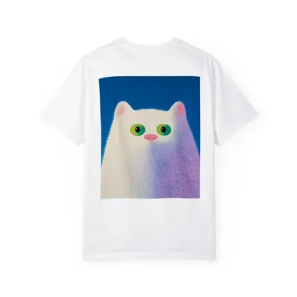 Fluffy White Cat Green Eyes Blue Background