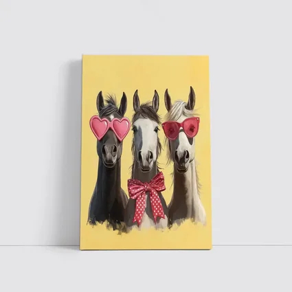Three Funny Horses Wearing Sunglasses Yellow Background