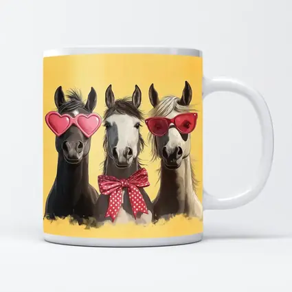 Three Funny Horses Wearing Sunglasses Yellow Background