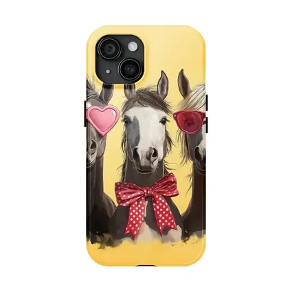 Three Funny Horses Wearing Sunglasses Yellow Background