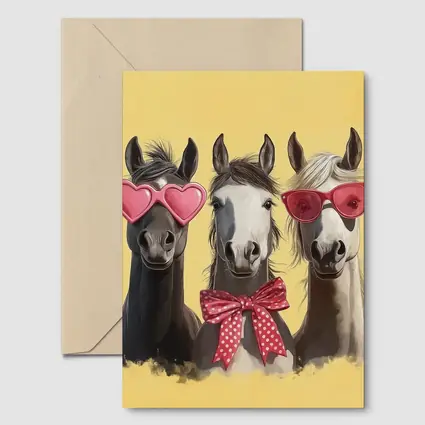 Three Funny Horses Wearing Sunglasses Yellow Background