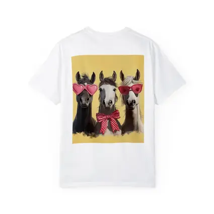 Three Funny Horses Wearing Sunglasses Yellow Background