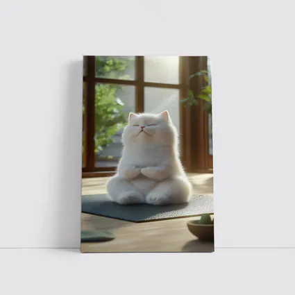 White Cat Meditating on Yoga Mat Indoors