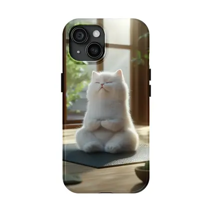 White Cat Meditating on Yoga Mat Indoors