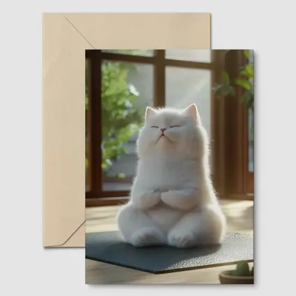 White Cat Meditating on Yoga Mat Indoors