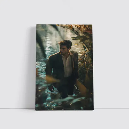 Man in Suit Wading Through Jungle Water