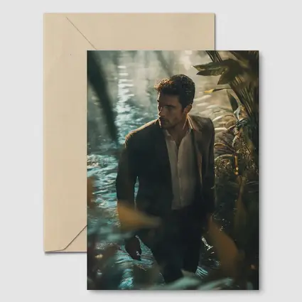 Man in Suit Wading Through Jungle Water