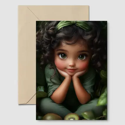 Cute Cartoon Girl With Kiwi Fruit Green
