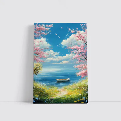 Cherry Blossom Trees Boat Peaceful Ocean View