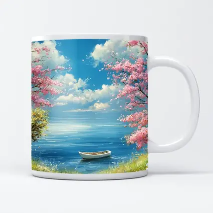 Cherry Blossom Trees Boat Peaceful Ocean View