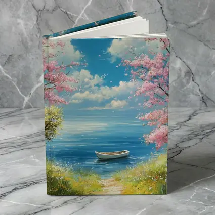 Cherry Blossom Trees Boat Peaceful Ocean View