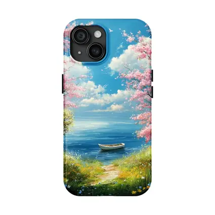 Cherry Blossom Trees Boat Peaceful Ocean View