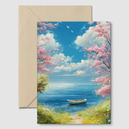 Cherry Blossom Trees Boat Peaceful Ocean View