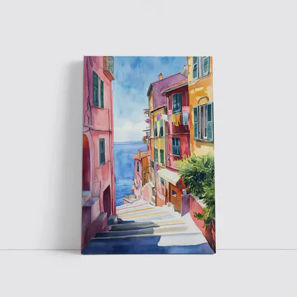 Italian Coastal Village Watercolor Street Scene